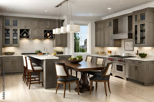Large American style kitchen and dining room interior with granite countertops