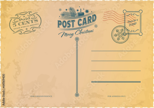 Christmas antique postcard, postage vintage mail. Xmas holiday greeting card with postal stamps of snowflakes, Christmas tree branches and stars, festive candle and snow on grunge background