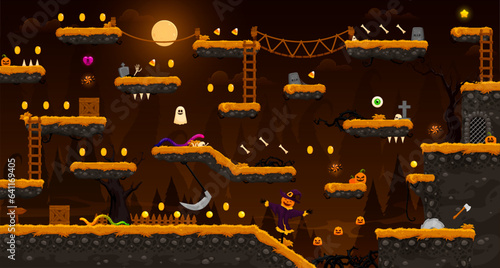 Arcade Halloween night landscape horror game level map interface, vector platforms. Halloween cartoon game cemetery background with pumpkins, coin rewards and bone bonus assets with ghosts and zombie