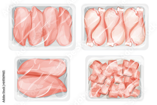 Set Chicken raw filet, broiler meat, chicken leg in plastic tray, package with poultry in cartoon style isolated on white background. Broiler meat covered 