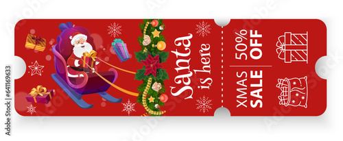 Christmas voucher with coupon, isolated vector template of Xmas sale ticket, discount gift card or certificate with cartoon Santa Claus sitting in sleigh with presents. Seasonal holiday promo cheque
