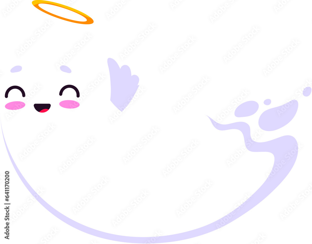 Cartoon Halloween kawaii ghost angel flying on wings, funny boo poltergeist vector character. Halloween holiday cute happy cheerful ghost angel with wings and halo for kids trick or treat party