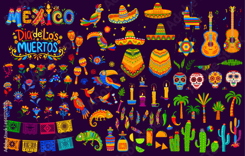 Mexican holiday and festival objects. Sombrero and guitars, maracas and toucans, parrots and feathers, cactus and candles, tex mex food, calavera sugar skulls and palms, papel picado flags and tequila