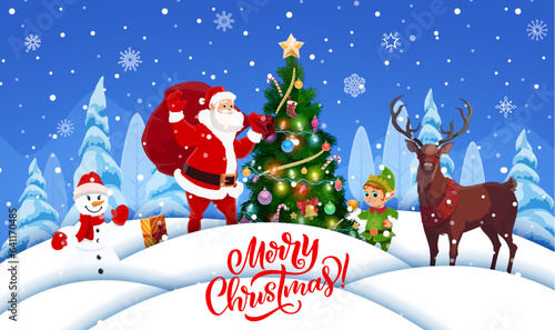 Christmas paper cut poster. Cartoon Santa, elf, snowman and deer on snow waves. Vector xmas greeting card with cheerful Father Noel character carrying gifts bag on 3d layered snowdrifts in night wood
