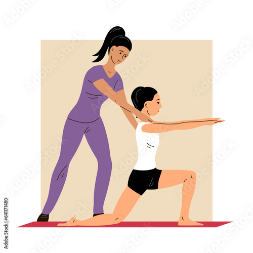 Physical rehabilitation clinic. Young woman patient doing exercises. Physiotherapist girl helps. Therapy and recovery. Flat vector illustration
