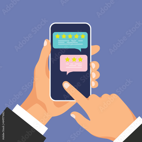Smartphone with reviews rate on the screen. Review rating bubble speeches on mobile phone. Man click on the smartphone display.