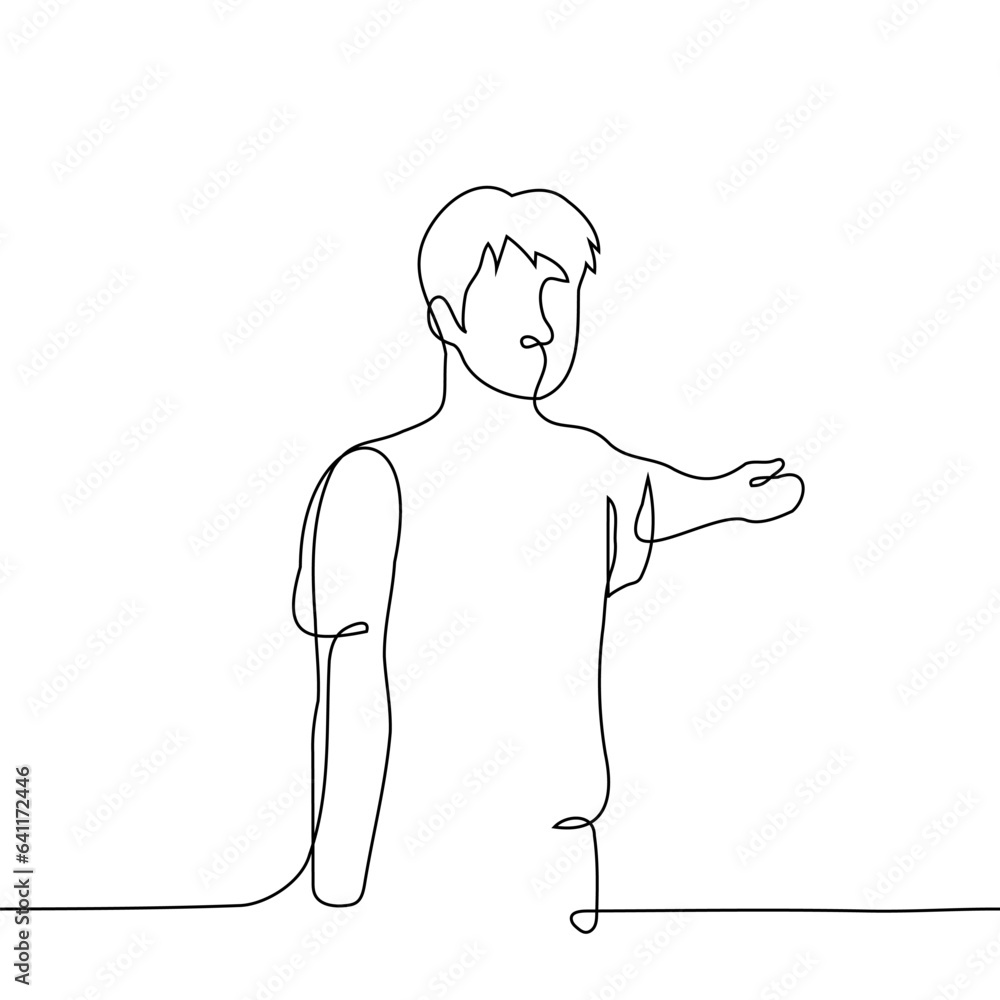 man stands and points his hand somewhere behind him looking at the viewer - one line art vector. concept to invite or show directions, a guide is leading a tour, asking someone to leave