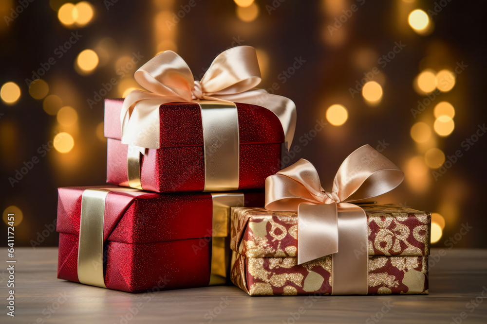 a group of gift boxes on a wooden surface with a bokeh background a group of gift boxes on a wooden surface with a bokeh background