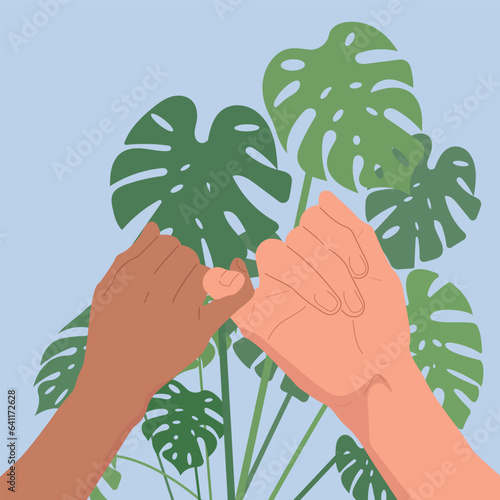 The concept of love and teamwork. Two hands hold each other. Symbol of happy partnership, success, childhood, friendship. Flat design. Vector.