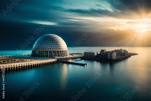 Underwater city encased in a transparent dome on the ocean floor