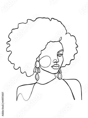 Continuous one line drawing of black afro woman. Vector illustration.