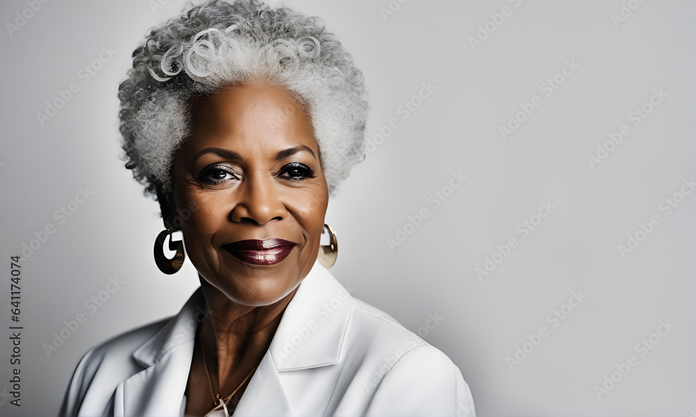 Beautiful black woman 60 years old in white coat posing for photo ...