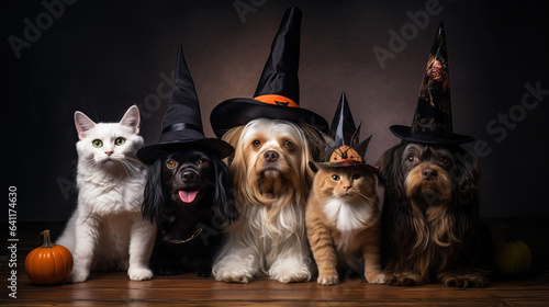 Whimsical Group of Cat and Dogs in Witches Hats - Halloween Pets Ensemble