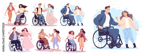 Fototapeta Naklejka Na Ścianę i Meble -  Happy girls friends, woman in wheelchair. Person with disability in romantic relationships. Lifestyle and romantic relationships of people with disabilities. Flat vector illustration