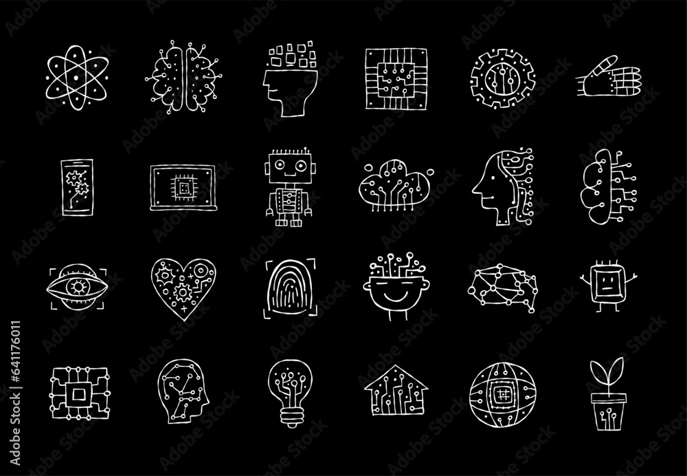 Artificial intelligence, icons set. Hand drawn design elements for your design
