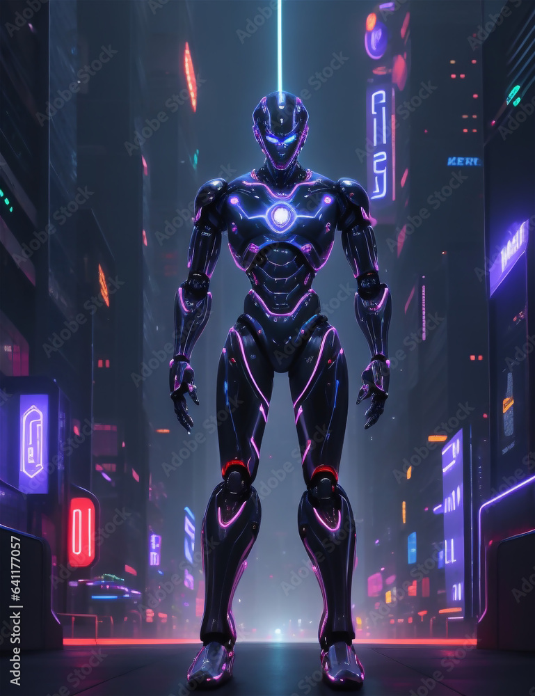 Cyborg in futuristic cyberspace with neon lights 3D rendering