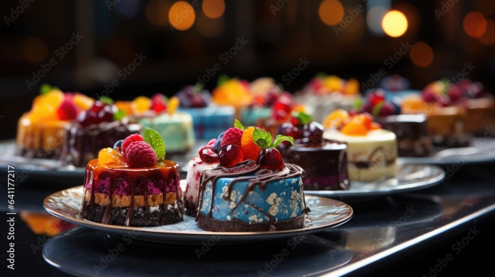 A close-up capture of an array of exquisite desserts on display, highlighting their intricate designs.