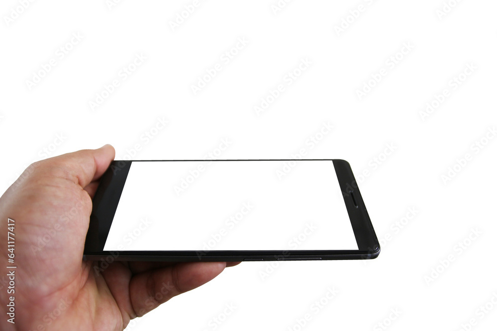 hand holding black cell phone smartphone with blank white screen and modern design on transparent background. Mockup phone png file hand holding black cell phone smartphone with blank white screen and modern design on transparent background. Mockup phone png file