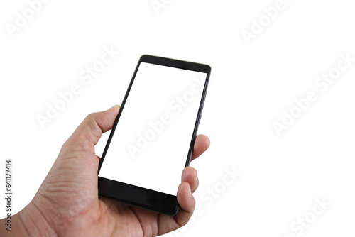 hand holding black cell phone smartphone with blank white screen and modern design on transparent background. Mockup phone png file