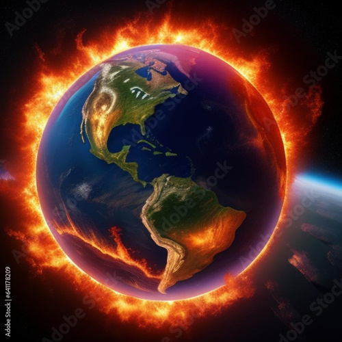 Representation of planet earth on fire due to global warming and climate change. Generative AI