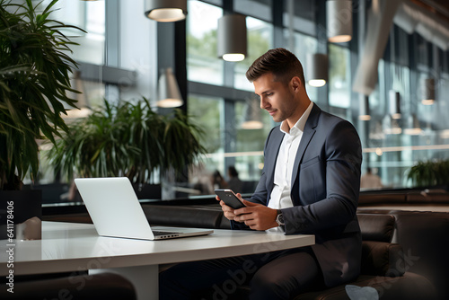 Businessman is browsing a phone while using his laptop. Sales executive, professional and young expert in communication