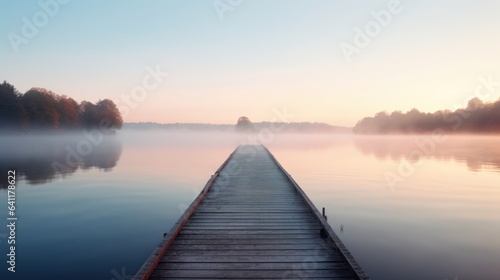 Woodenpier or jetty on lake at a foggy sunrise. Relax, vacations, or work life balance theme photo