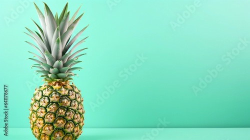 A vibrant pineapple with its spiky crown against a soft mint green background, creating a cheerful and summery scene with room for text. AI generated