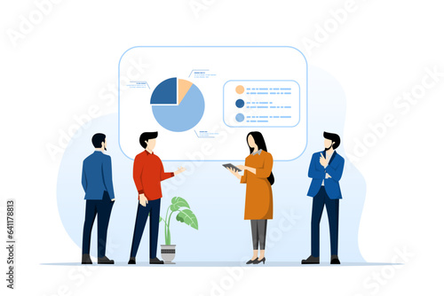 business team group conference meeting concept working for project planning and brainstorming, analysis, business people and monitoring marketing report chart dashboard monitor. vector illustration.