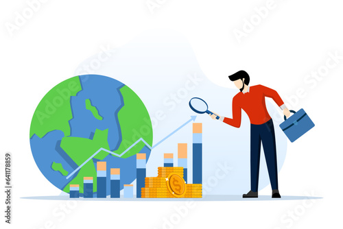 business finance global investment concept with investor analysis, property asset research for investment, growth chart analysis. successful investment. flat vector illustration on white background.