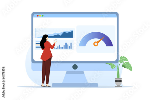 Online dashboard concept with speed indicator, internet performance test. Landing page template with person with computer display with speedometer. Flat vector illustration for website.