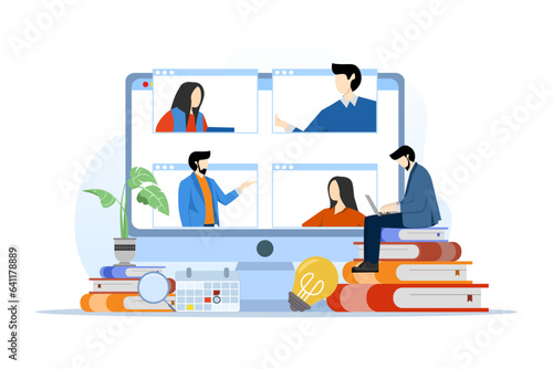 concept of smart businessman working with online video conference meeting, business team working from anywhere with internet wireless remote connection technology. flat vector illustration.