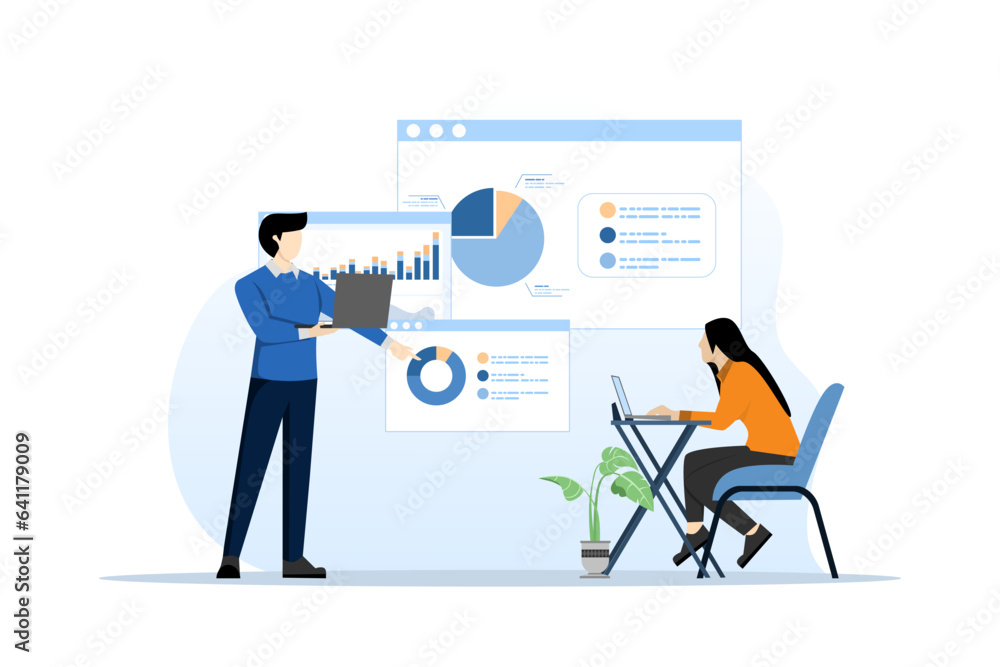 concept of business team meeting and work collaboration at office workplace. perform graphical analysis. Business team working together. work together with creative people. flat vector illustration.