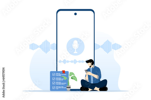 online assistant concept. people characters use speaker recognition, voice control, virtual assistant, identification, hotline operator. Flat design vector illustration concept on white background.