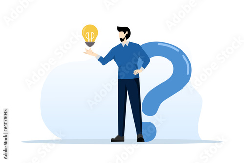 question and answer concept, q and a or solutions to solve a problem, frequently asked questions FAQ, help or creative thinking ideas, smart businessman with question mark and light bulb solution.