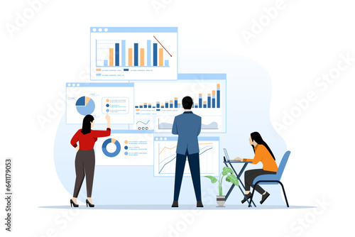 business team group conference meeting concept working for project planning and brainstorming, analysis, business people and monitoring marketing report chart dashboard monitor. vector illustration. © FAHMI