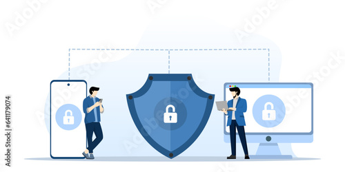 Cyber security concept with characters. Data security, protected access control, privacy data protection. modern flat style vector illustration for landing page, web banner, infographic and others.