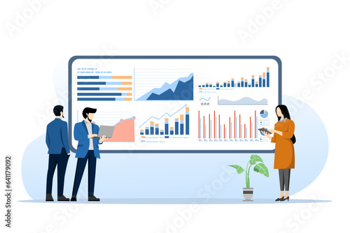flat statistics and data analysis concept. business financial investment. business data analysis research. investment planning. business team working on monitor graph dashboard. design illustration.