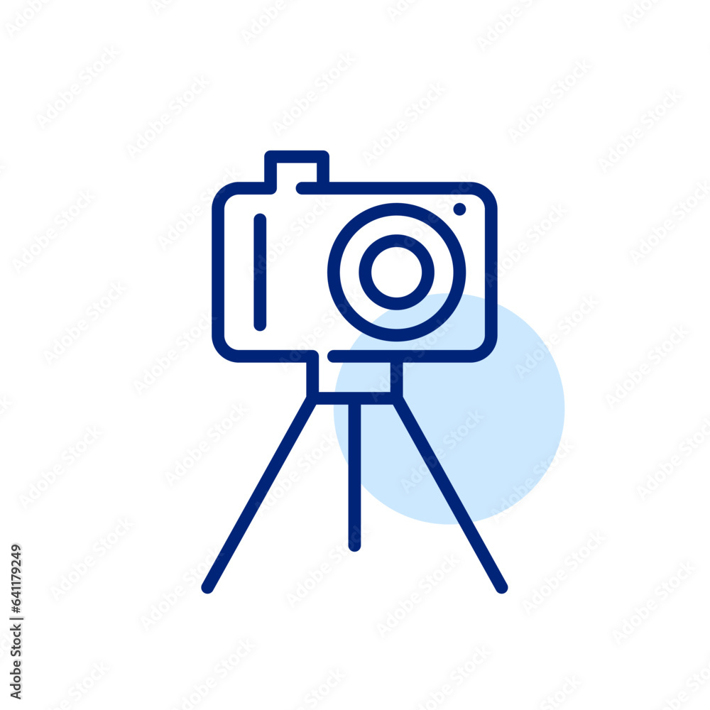 Camera on a tripod. Filming video for a blog or news program. Pixel perfect, editable stroke icon