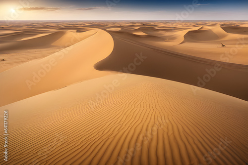 sand dunes in the desert  The vastness of the desert unfolds with sand dunes extending to the distant horizon