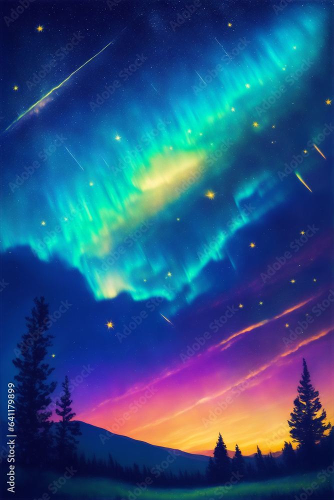 Naklejka premium Painting of the night sky and the beauty of the aurora