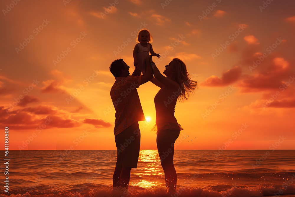 As the sun sets, casting golden hues on the beach, parents lift their child in a moment of pure joy, silhouetted against the fiery sky