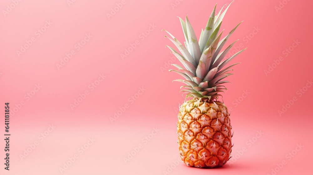An artistic capture of a pineapple resting on its side against a gentle pastel pink background, offering a minimalistic and modern scene for text placement. AI generated