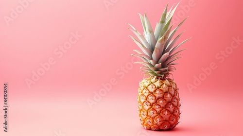 An artistic capture of a pineapple resting on its side against a gentle pastel pink background  offering a minimalistic and modern scene for text placement. AI generated