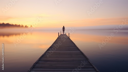 Joga at a wooden jetty or pier. Beautiful sunrise and fog in the far background. Quiet, relaxing atmosphere. © wojciechkic.com
