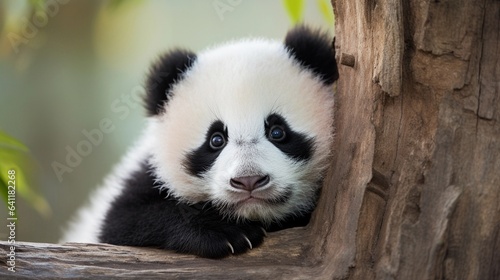 An endearing close-up of a baby panda cub cuddled up against a rough tree trunk  set against a lush bamboo forest background  creating an adorable scene with room for text. AI generated