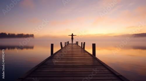 Joga at a wooden jetty or pier. Beautiful sunrise and fog in the far background. Quiet, relaxing atmosphere.
