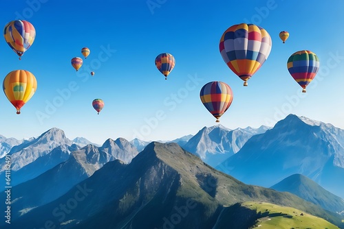 Many hot air balloons float above the beautiful high mountains.