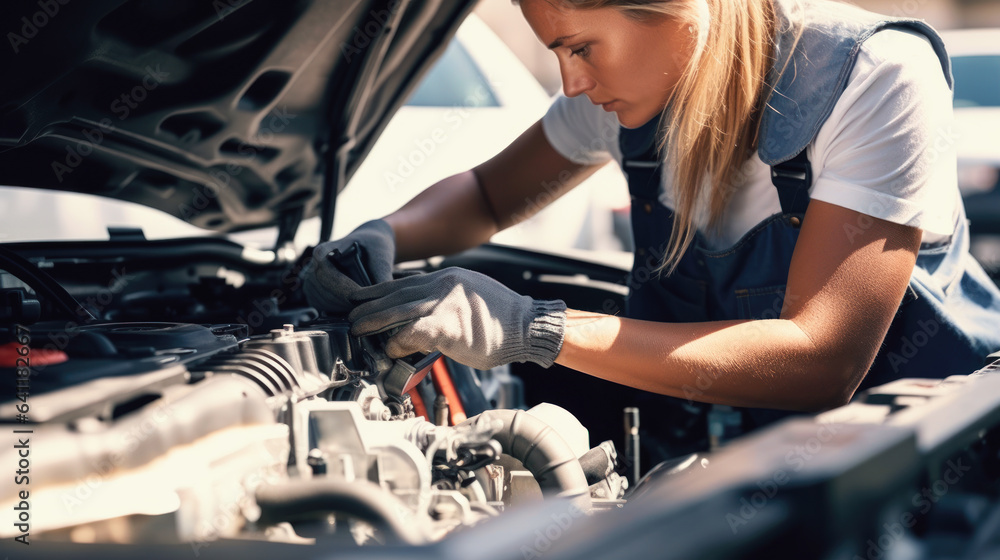 Maintenance car via insurance system at a car mechanic workshop. Car mechanic working on car engine. Maintenance car via insurance system at a car mechanic workshop. Car mechanic working on car engine.