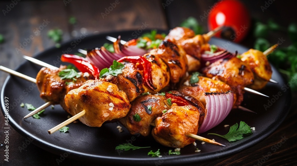 An enticing close-up of flavorful chicken kebabs with fragrant herbs on a vintage-style plate, set against a textured metal surface, leaving space for your custom text. AI generated. An enticing close-up of flavorful chicken kebabs with fragrant herbs on a vintage-style plate, set against a textured metal surface, leaving space for your custom text. AI generated.