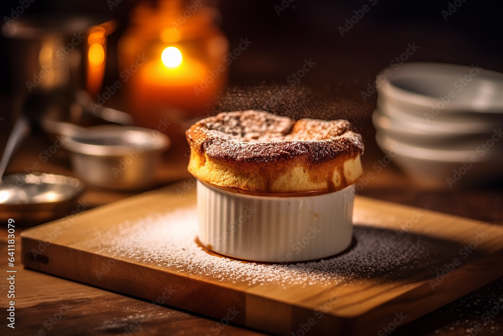 Soufflé served on a small bowl , it is a baked egg-based dish originated from France Soufflé served on a small bowl , it is a baked egg-based dish originated from France